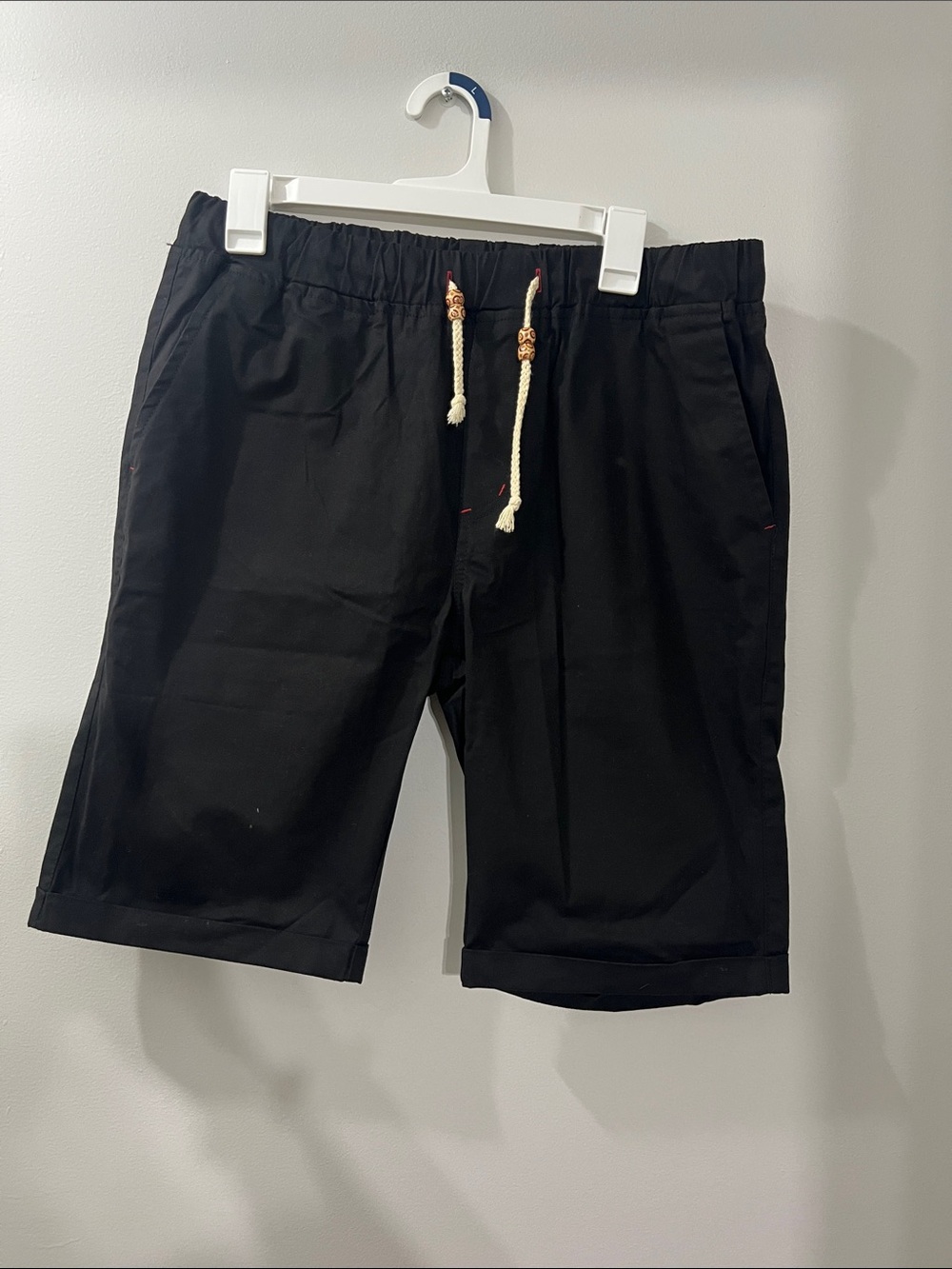 Amazon Men's Black Drawstring Shorts with Cream Rope